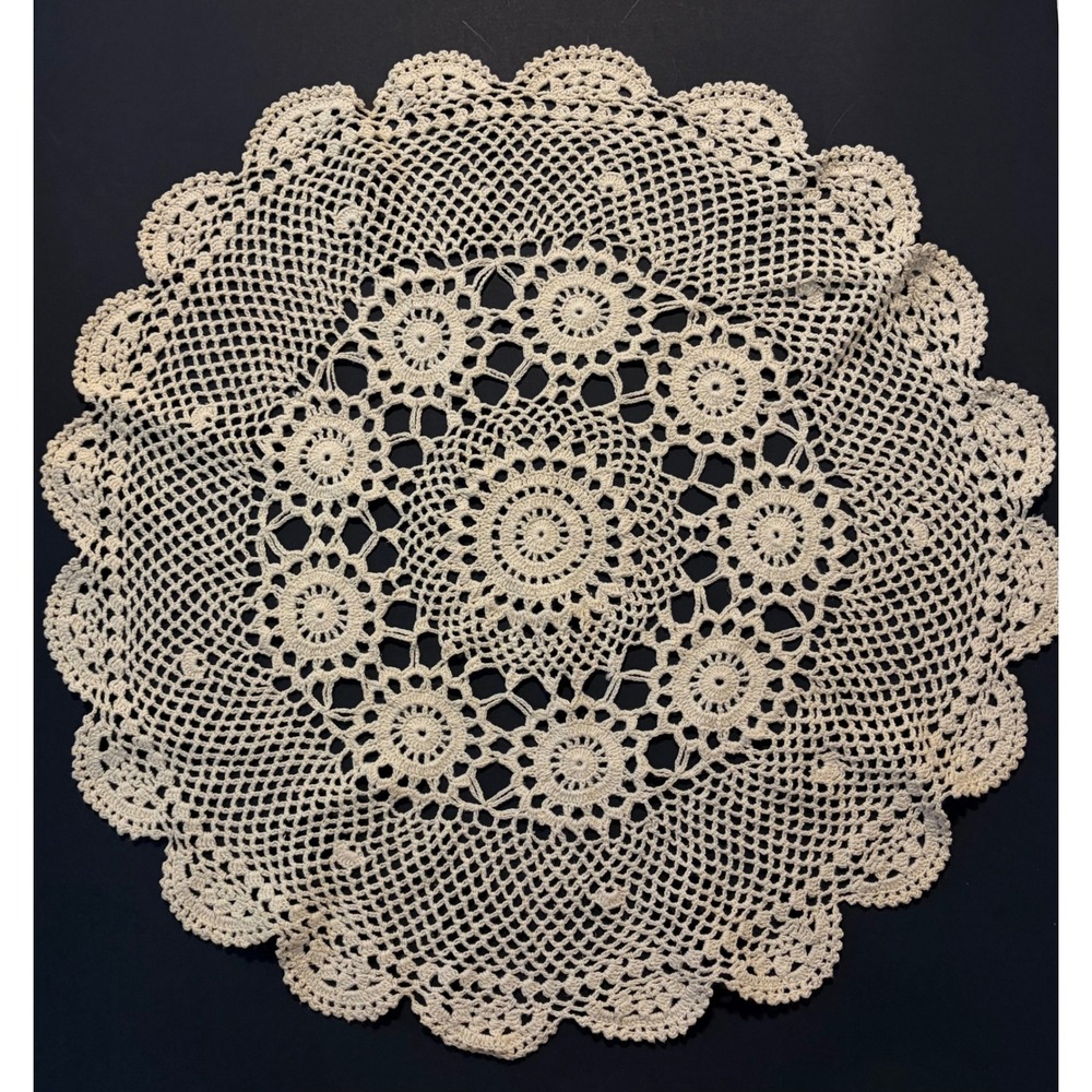 Vintage Handmade Crochet Doilies Set of 2 Cream Lace Round Floral 21in and 12in